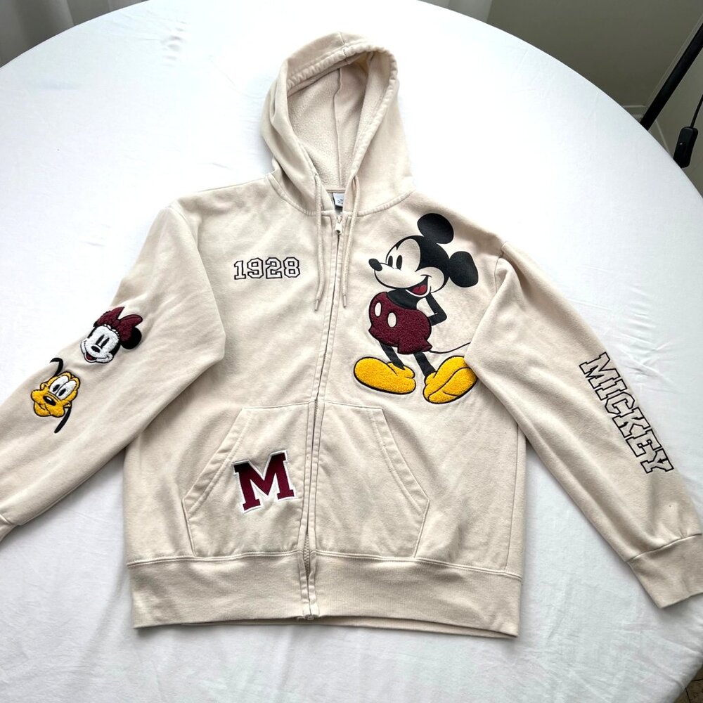 Disney Hoodie With Mickey Mouse & Friends Embroidery Full Zip Beige Unisex Small